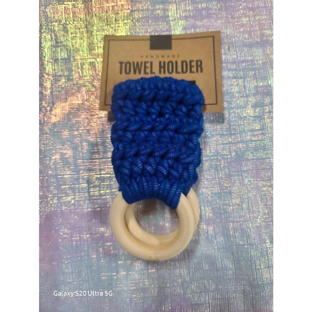 Handmade Crochet Towel Holder with wooden rings Blue